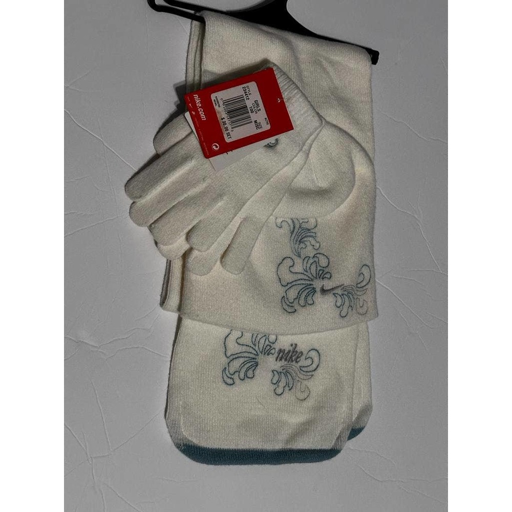 Nike Girls Knitted scarf Gloves& Cap Set White With Embroidery NWT